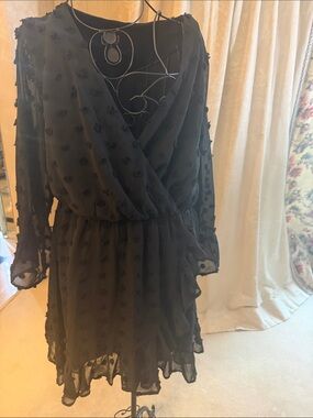 Women's Black Textured Wrap Long-Sleeve Dress